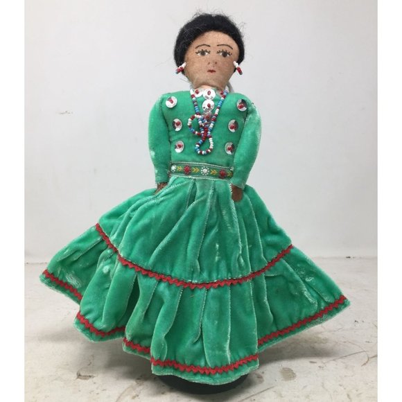 Native American Navajo Hand Made Indian Doll Wearing Green/Red Dress - Picture 1 of 5